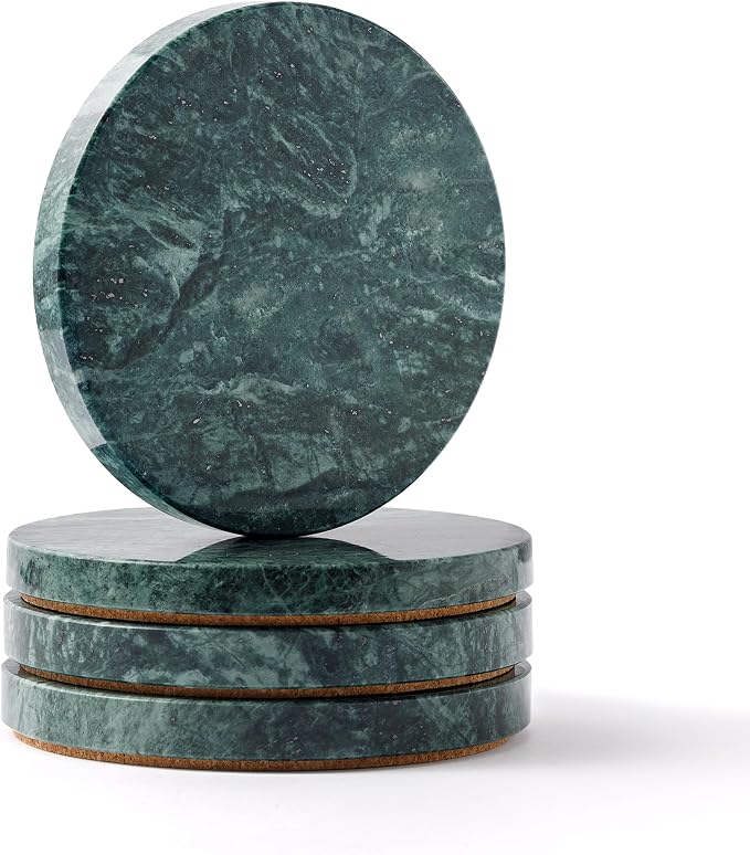 Natural Marble Coasters Set of 4-4" Round Stone Drink Coasters, Non-Slip Cork by WORHE