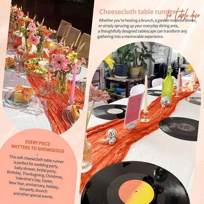 Showgeous 2 Pack Orange Cheesecloth Table Runners Boho Wedding Decor | Rustic - Image 8