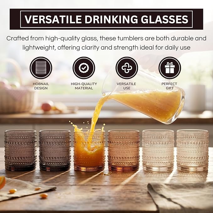 Venus Amber Brown Hobnail Highball Glasses Vintage Tumblers Set of 6 11 oz | - Image 4