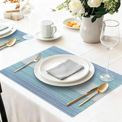 HeloHo Blue Placemats Set of 8,Vinyl Table Place Mats Stain Resistant Foldable Placemats Washable Wipeable Placemat for Kitchen Dining Table Decoration Indoor Outdoor.
