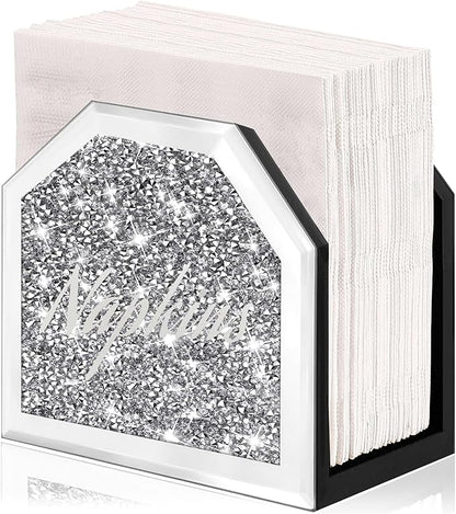 Wocred Mirror Napkin Holder,Crystal Crushed Diamond Vertical Holder,Cute Tissue Holder Holds Napkins Upright for Bathroom，Dining Table，Kitchen Table.(5.9”X5.9”X3”)