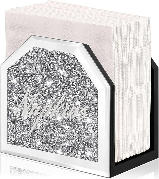 Wocred Mirror Napkin Holder,Crystal Crushed Diamond Vertical Holder,Cute Tissue Holder Holds Napkins Upright for Bathroom，Dining Table，Kitchen Table.(5.9”X5.9”X3”)