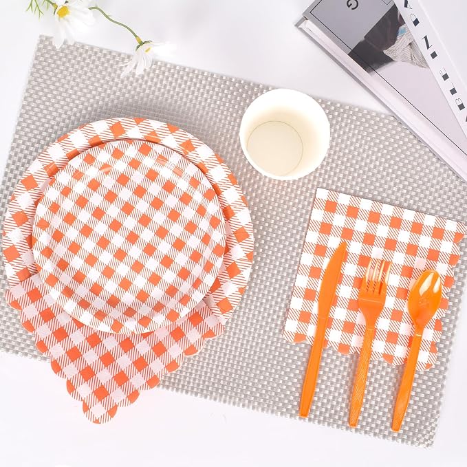 Vyntra 350 Pcs Orange & White Checkered Gingham Paper Plates and Napkins Set - Image 4