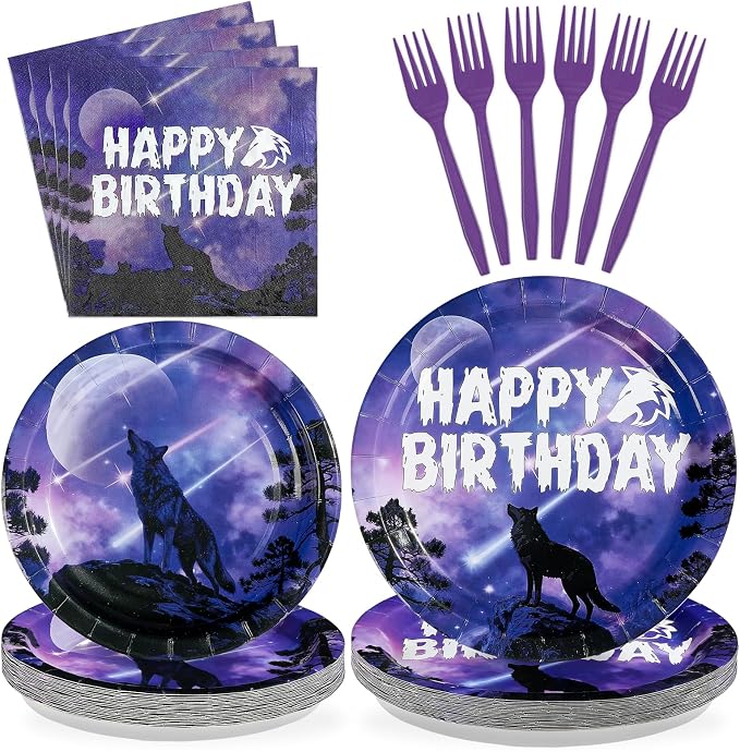 96 Pcs Wolf Birthday Party Galaxy Wolf Decorations, Serves 24 | Black Purple by Greencian