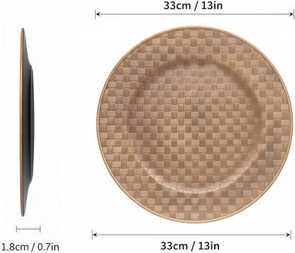 13 Inch Antique Gold Charger Plates Set of 6 Round Plastic Plates Matte Finish Faux Rattan Woven Texture Charger plates for Wedding Party Christmas (634)