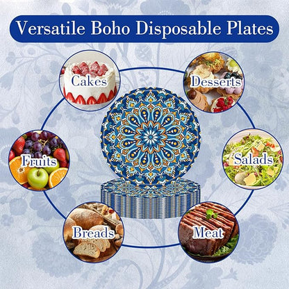 ZULYSTO 100 Count Boho Paper Plates (50×7"+ 50×9") – Disposable Plates for Party, Retro Bohemian Style Dessert Dinner Plate Set for Daily Use, Holiday, Wedding, Events