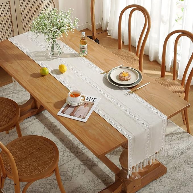 Wracra Rustic Linen Table Runner, Ivory Table Runners 90 inches Long | Raised - Image 7