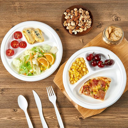 Vplus 100% Compostable Paper Plates, 150 Pack 9 Inch 3 Compartment Plates Disposable, Heavy Duty Biodegradable Plates Made of Sugar Cane Fibers, for Daily meals, Dinner, Parties, BBQ