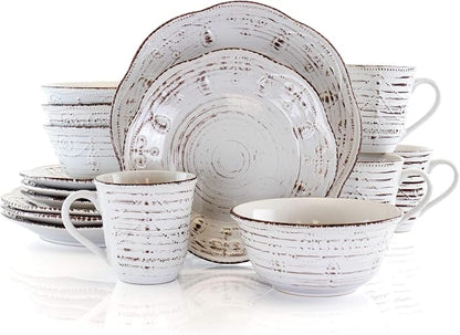 Elama Rustic Birch 16 Piece Embossed Scalloped Stoneware Round Dinnerware Set by Elama