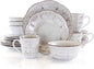 Elama Rustic Birch 16 Piece Embossed Scalloped Stoneware Round Dinnerware Set by Elama