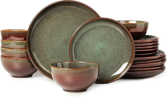 Stoneware Dinnerware Sets for 6, 18 Pieces Ceramic Plates and Bowls Sets by Pokini