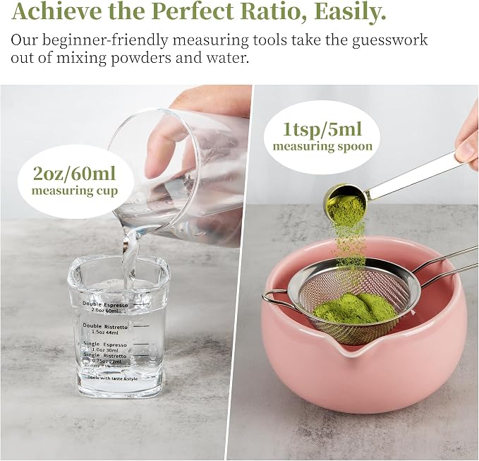 YIBO Matcha Whisk Set Pink, Handcrafted Bamboo Chasen & Ceramic Bowl Matcha Kit - Image 3