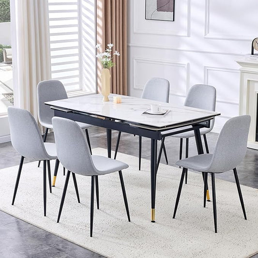 Extendable Dining Table Set for 6, 55'' to 78.8'' Rectangular Thickened Sintered Stone Kitchen Table with 6 Upholstered Chairs, Modern Space Saving 7-Piece Dinner Table Set