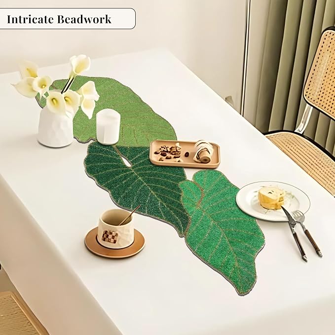 Green Leaf Beaded Table Runner, 36 in, Handcrafted Décor | 13x36 in, glass - Image 8