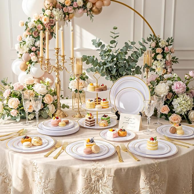 102 Pcs Gold Plastic Plates, Premium Disposable Gold Plates | Gold Rimmed - Image 3
