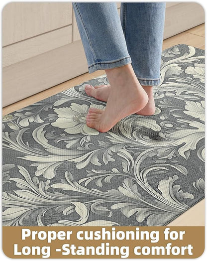 Color&Geometry Floral Kitchen Mat 24"x87", Anti Fatigue Kitchen Mats for Floor, Kitchen Rugs Non Slip, Waterproof & Oil Proof Padded Runner for Standing Desk Office, Sink - Grey