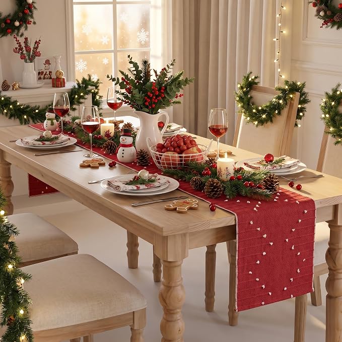 Artoid Mode Red Farmhouse Rustic Cotton Woven Table Runner, Seasonal Christmas - Image 6