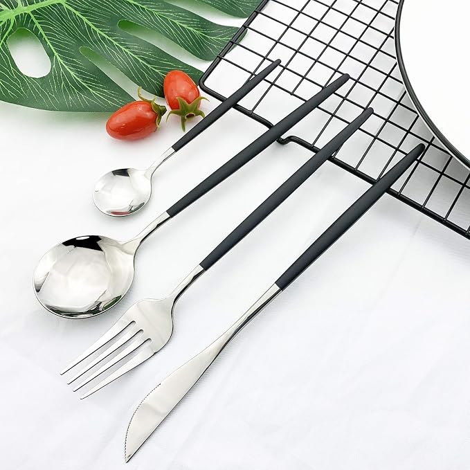 JASHII Flatware Serving Set 24 Piece, Stainless Steel Silverware Set, Titanium - Image 2