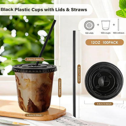 tchrules 100 Set 12oz Black Round Bottom Plastic Cups - Image 2
