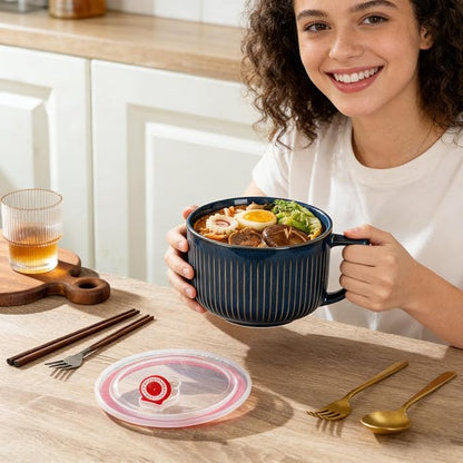 Soup Bowl with Handle & Lid, Jumbo 38oz Microwave Ramen Bowl Vintage Blue | - Image 6