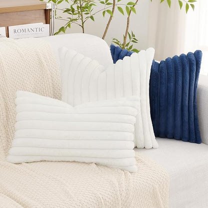 decorUhome Cozy Faux Fur Throw Pillow Covers 12x20 Set of 2 Decorative Soft Plush Striped Lumbar Modern Farmhouse Boho Couch Pillow Cases with Velvet Back for Sofa Bed Living Room, White