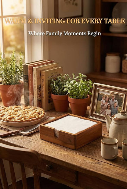 Acacia Lunch Napkin Holder 7.8 x 7.8 inches for Dining Table and Kitchen – Napkin Dispenser Made from Brown Acacia Wood – Premium Quality Feel for Dessert Beverage Party Dinner Luncheon Bar Table