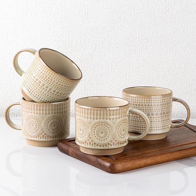 GBhome 12 oz Coffee Mugs Set of 4, Stackable Ceramic Coffee Cups Set | Modern by GBhome