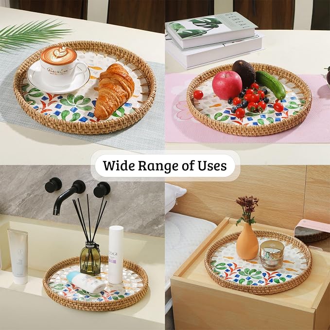 Round Rattan Tray with Mother of Pearl Inlay, Decorative Wicker Serving Tray - Image 4