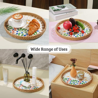 Round Rattan Tray with Mother of Pearl Inlay, Decorative Wicker Serving Tray - Image 4