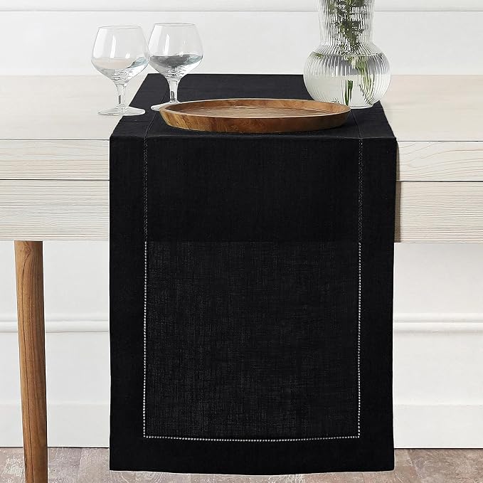 D'Moksha Homes Linen Black Table Runner 48 Inches - Classic Hemstitch, 100% Pure Linen Coffee Table Runner 14 x 48 Inch Ideal for Dresser Tables - Spring, Easter