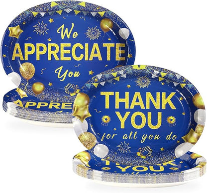 50Pcs Thank You Party Decorations We Appreciate You Oval Paper Plates 10" x 12" Heavy Duty Blue Gold Appreciation Paper Plates for Teacher Employee Staff Volunteer Appreciation Party Supplies