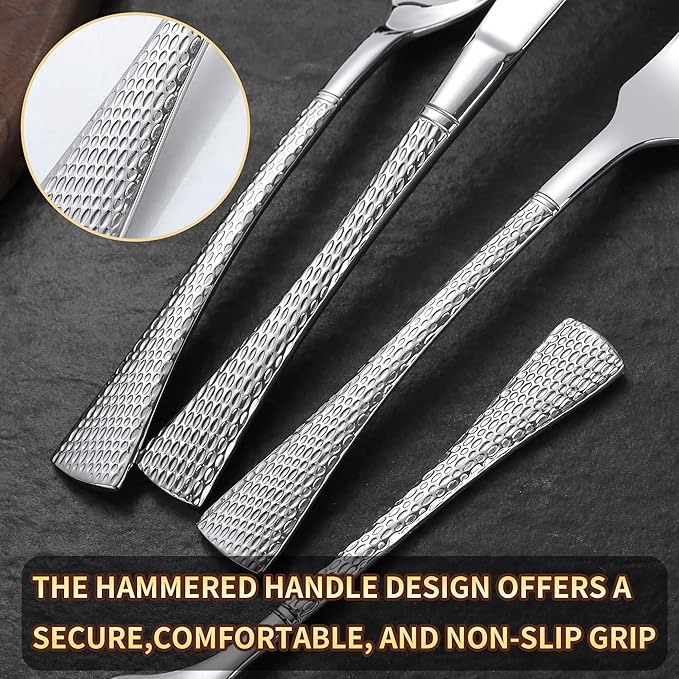 Lemeya Hammered Silverware Set,20 Piece Modern Flatware Set Service for 4,Mirror Polished Stainless Steel Cutlery Set Utensil Set Tableware Set,Kitchen Knives Forks Spoons Set,Dishwasher Safe