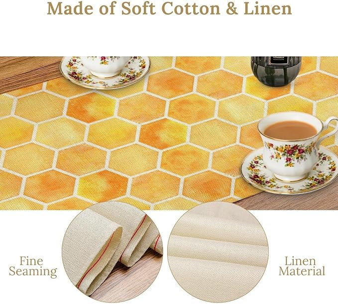 Honeycomb Bee Table Runner, Cute Abstract Geometric Yellow Honeycombs Print - Image 5