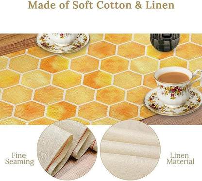 Honeycomb Bee Table Runner, Cute Abstract Geometric Yellow Honeycombs Print - Image 5