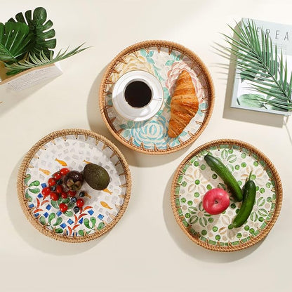 Round Rattan Tray with Mother of Pearl Inlay, Decorative Wicker Serving Tray - Image 2