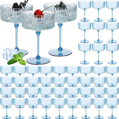 48 Pcs Ribbed Martini Glasses 10 oz Disposable Plastic Vintage Ribbed Coupe Glasses Unbreakable Dessert Parfait Glassware for Wedding Birthday Party Supplies (Blue)