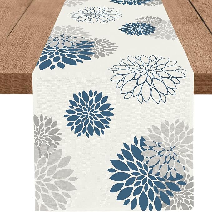 Blue Gray Table Runner Dahlia Pinnata Flower Beige Table Runners Modern Elegant by WHOMEAF