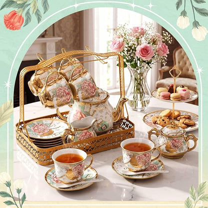 22 Pcs Porcelain Tea Set with Metal Holder, Vintage European Floral Tea Set - Image 4