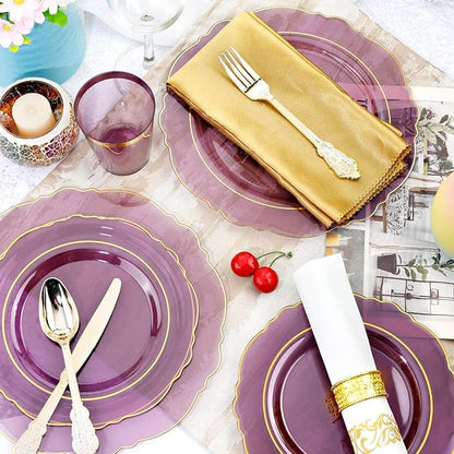 KIRE 210Pcs Purple Plastic Plates with Gold Rim& Silverware &Cups&Hand Napkin - Baroque Clear Plastic Dinnerware for Upscale Wedding/Parties Plates