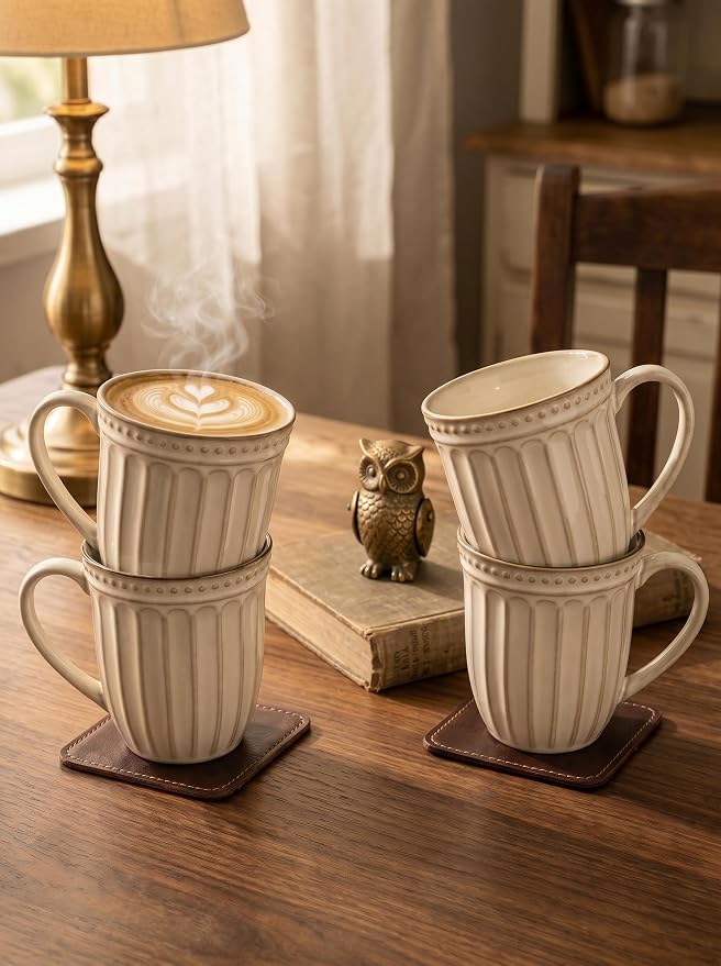 HASENSE Textured Coffee Mugs Set of 4, 16 Oz Ribbed Ceramic Cups - Image 4