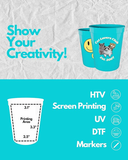 PartyPrints 10 Pack 16 oz Turquoise Reusable Blank Plastic Cups, Stadium Cups - Image 3
