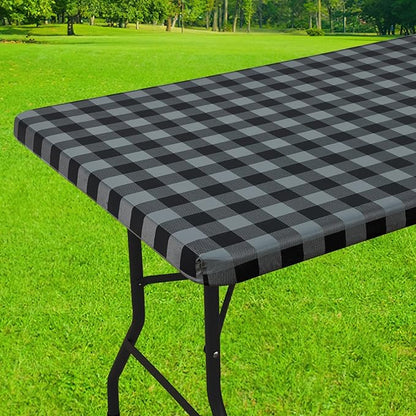 Smiry Rectangle Picnic Table Cloth, Elastic Waterproof Fitted Vinyl Tablecloths, Flannel Backed Buffalo Plaid Table Covers for Dining, Camping, Outdoor (Black and Grey, 30" x 72")