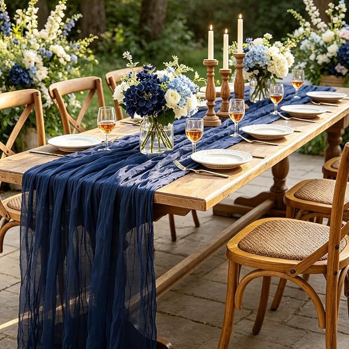 6Pcs Navy Blue Table Runner, 10FT Rustic Gauze Blue Table Runner 35*120inch - Image 5