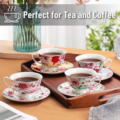 BTaT- Floral Tea Cups and Saucers Set of 4, 7 oz | Porcelain Tea Cup Set - Image 4