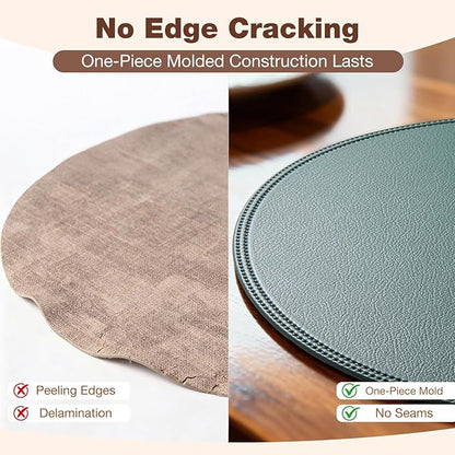 Round Vinyl Black Placemats Set of 6, Faux Leather Waterproof Wipeable Heat Resistant Place Mats, Washable Table Mats for Halloween, Thanksgiving & Christmas Dinner(Black)