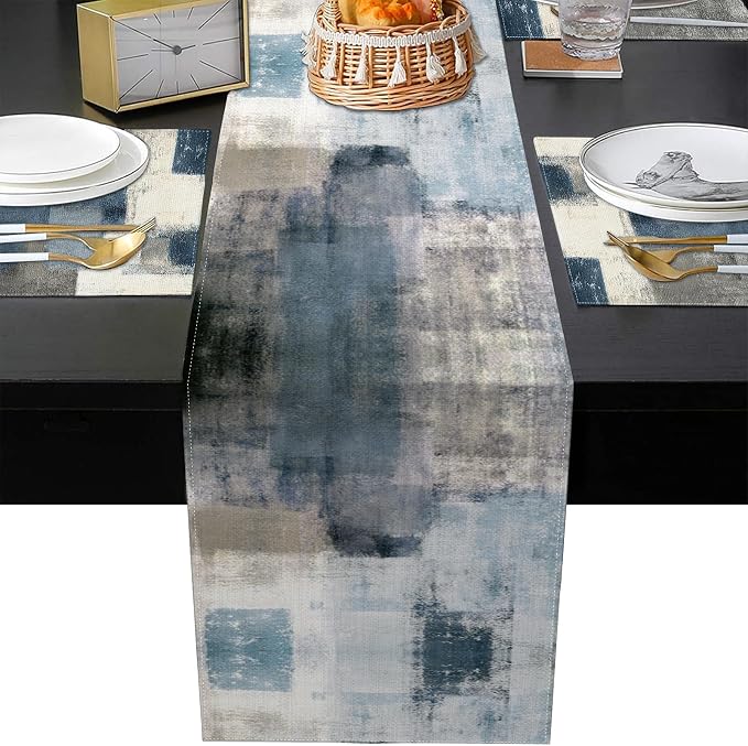 Emvency Table Runner and Placemats Set of 6, Abstract Farmhouse Painting | Blue - Image 3