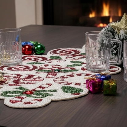 Christmas Beaded Table Runner, 13x36 | Handcrafted, 85% glass beads, polyester - Image 3