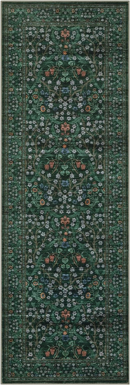 GarveeHome Washable Kitchen Runner Rug, Floral 2x6 Rug for Hallway Non Slip Stain Resistant, Ultra-Thin Boho Soft Hallway Rug Botanical Carpet for Entryway, Laundry Room, Bathroom Dark Green