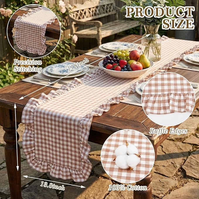 HunnmingRe 1 Pc Gingham Table Runner Brown, 118 X 13.8 Inch | Cotton Dresser - Image 2