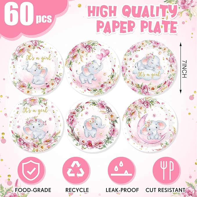 7 Inch Pink Elephant Baby Shower Paper Plates 60 Pcs It's a Girl Tableware Decorations Baby Shower Plate for Girl Gender Reveal Plates Party Supplies for Pink Floral Party